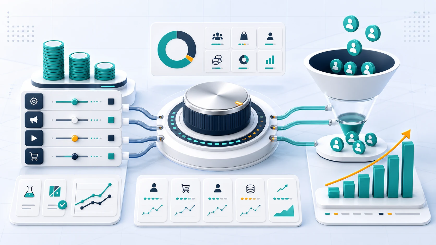 Ilustração de um controle de orçamento distribuindo recursos para campanhas e leads qualificados